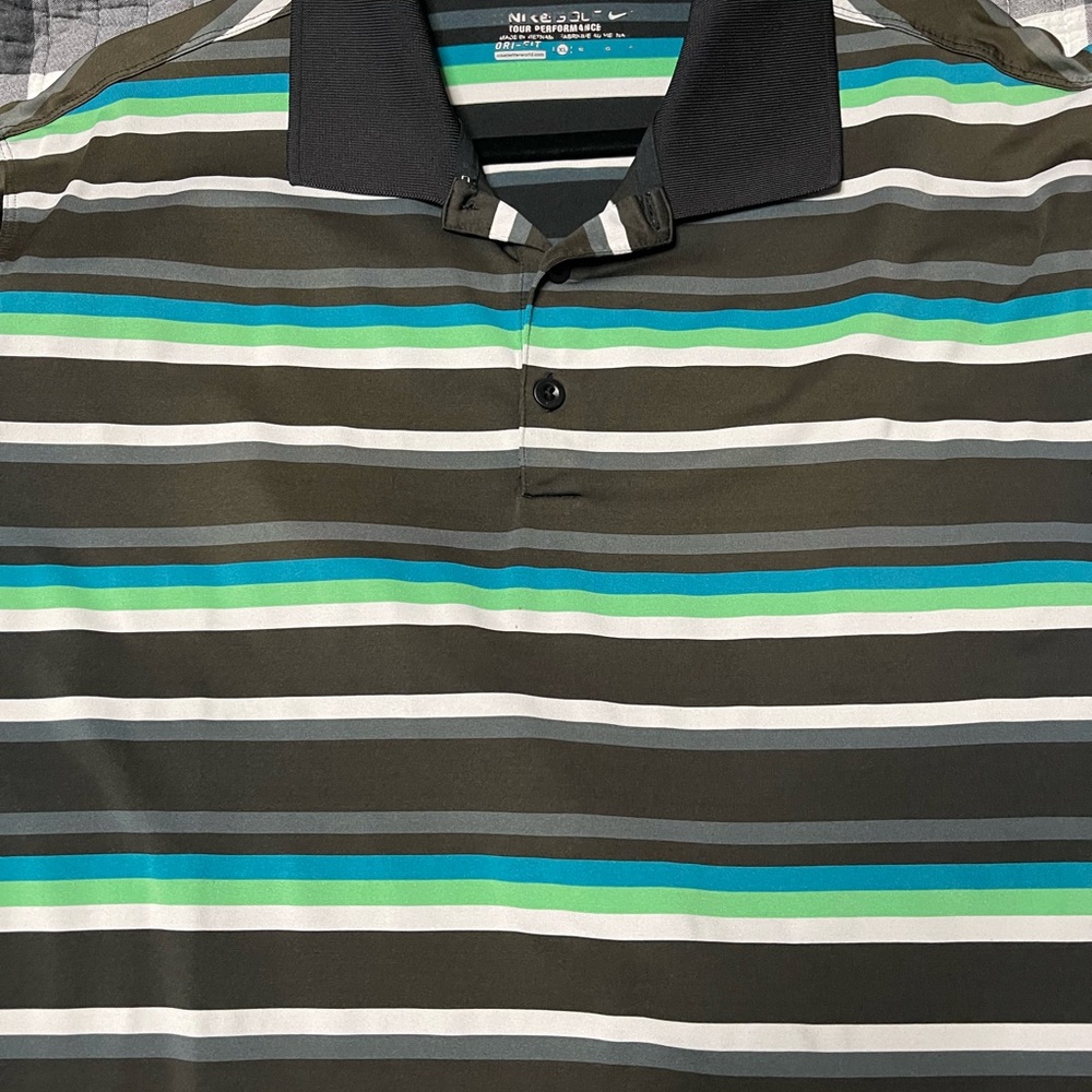 Nike Men's Polo Shirt - Black, Green, White, and Blue Stripes